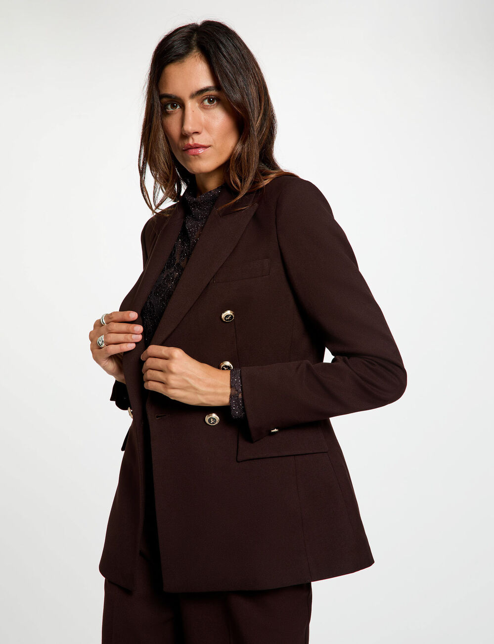 Blazer ajust&eacute; manches longues marron fonc&eacute; femme