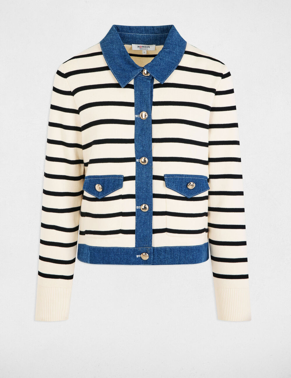 Gilet col � revers ray� ivoire femme