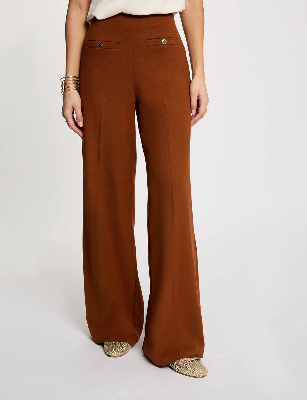 Pantalon large taille haute marron cognac femme
