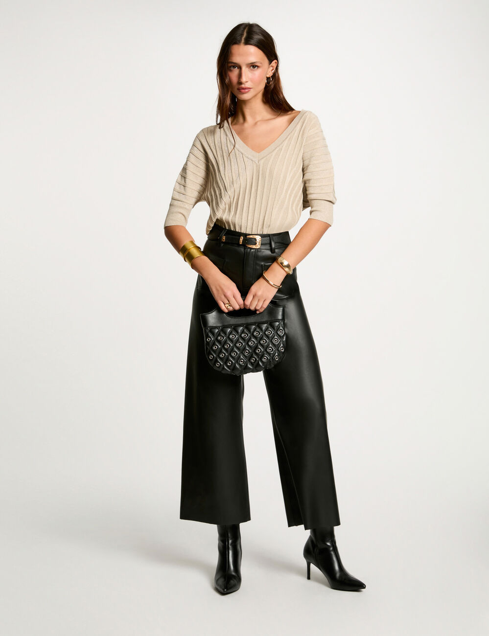 Pull manches 3/4 col en V sable femme