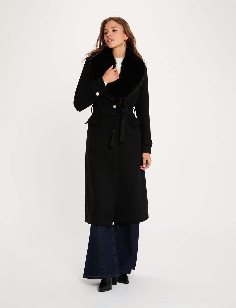 Manteau long ceintur&eacute; noir femme