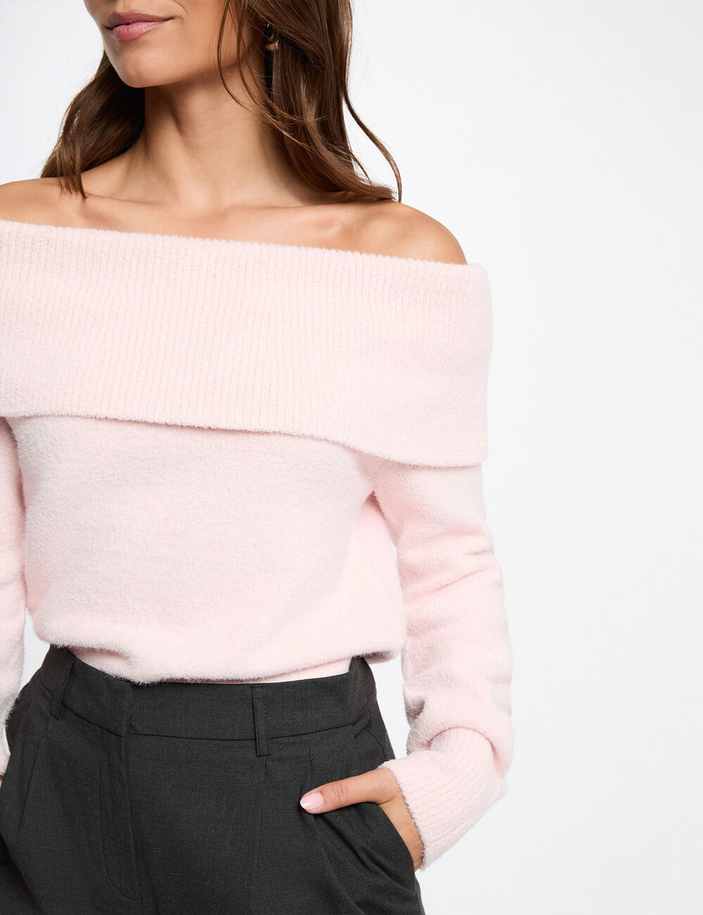 Pull col bardot rose clair femme