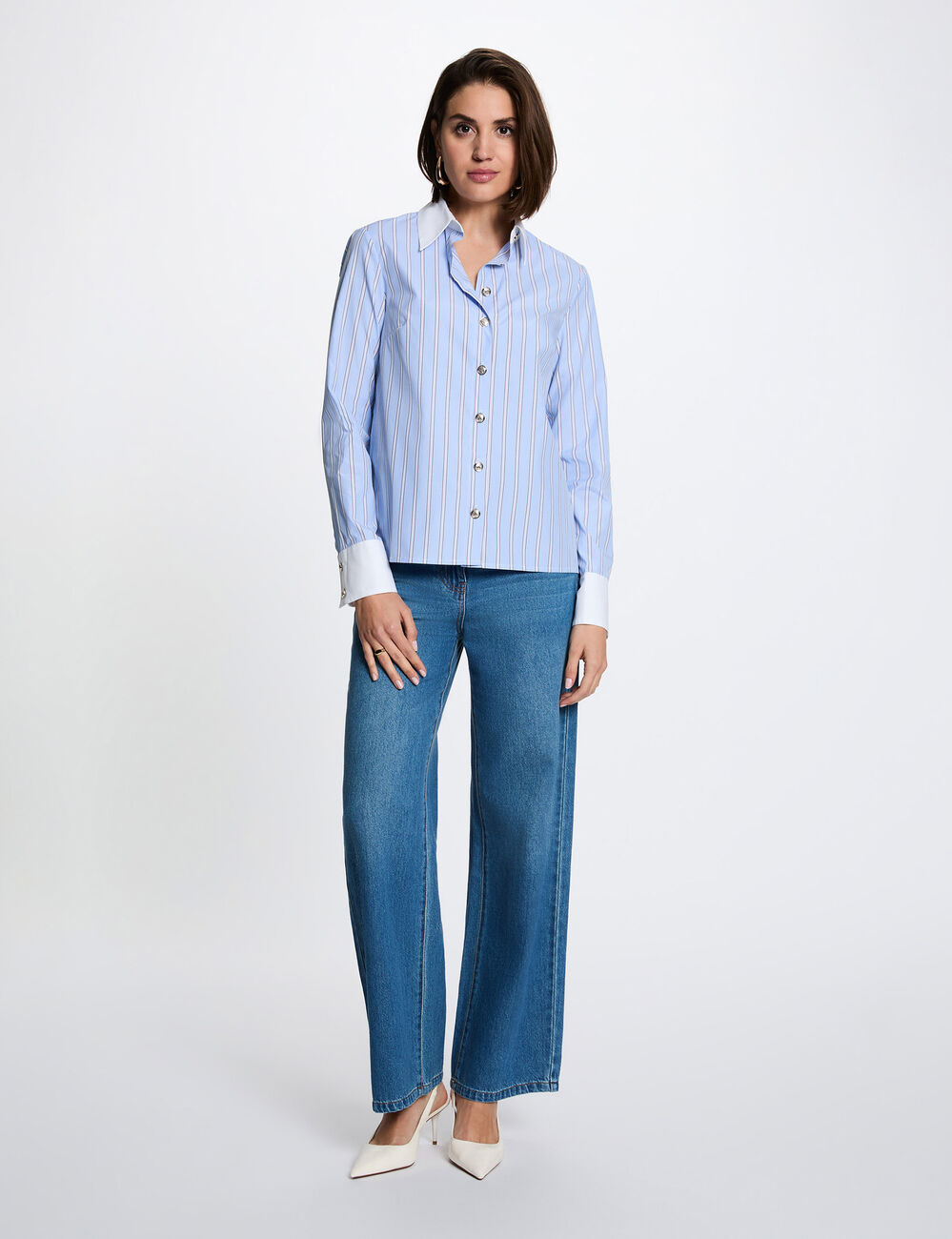 Gestreiftes Hemd mit Kontrastkragen himmelblau damen
