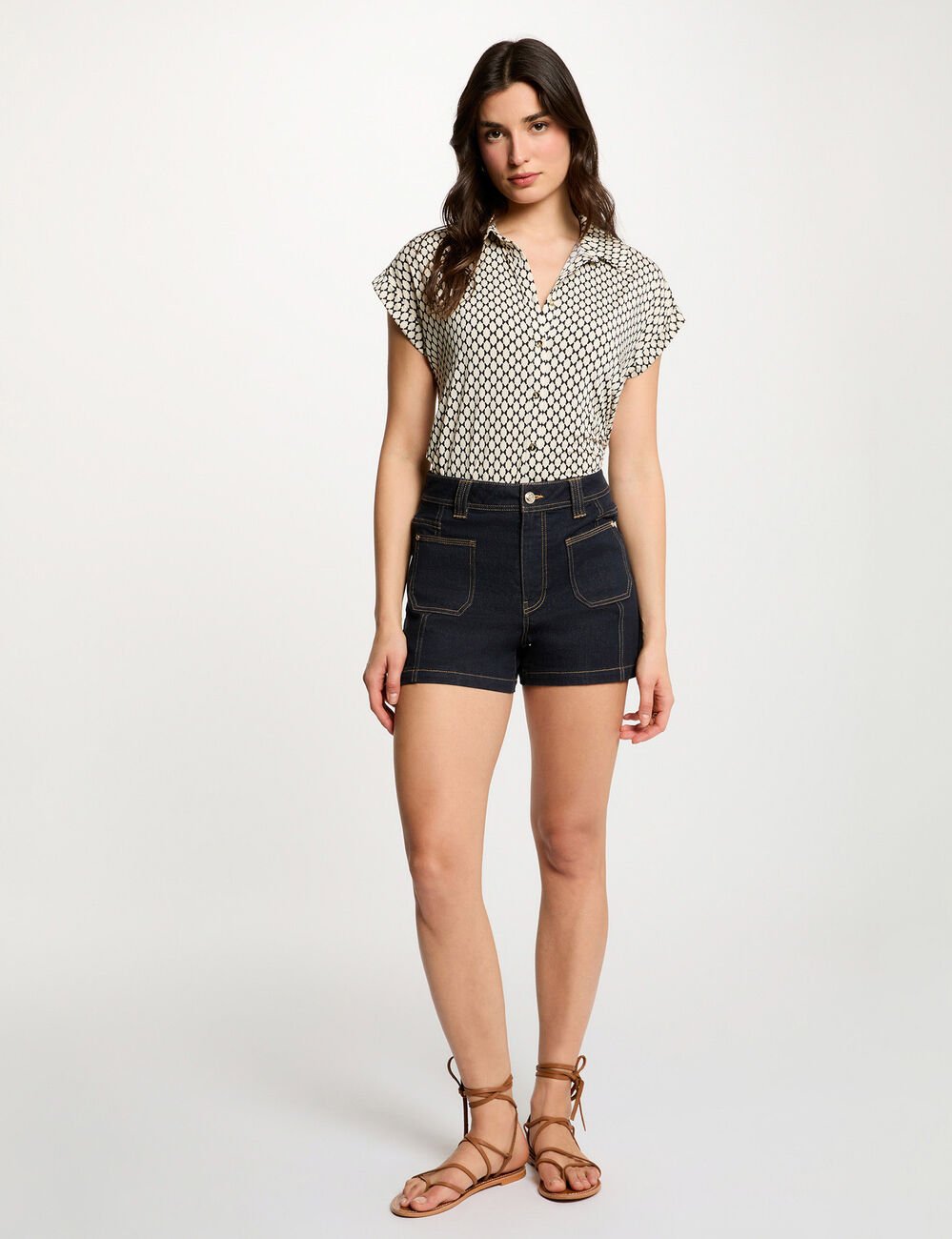 Chemise satin&eacute;e col &agrave; revers ivoire femme