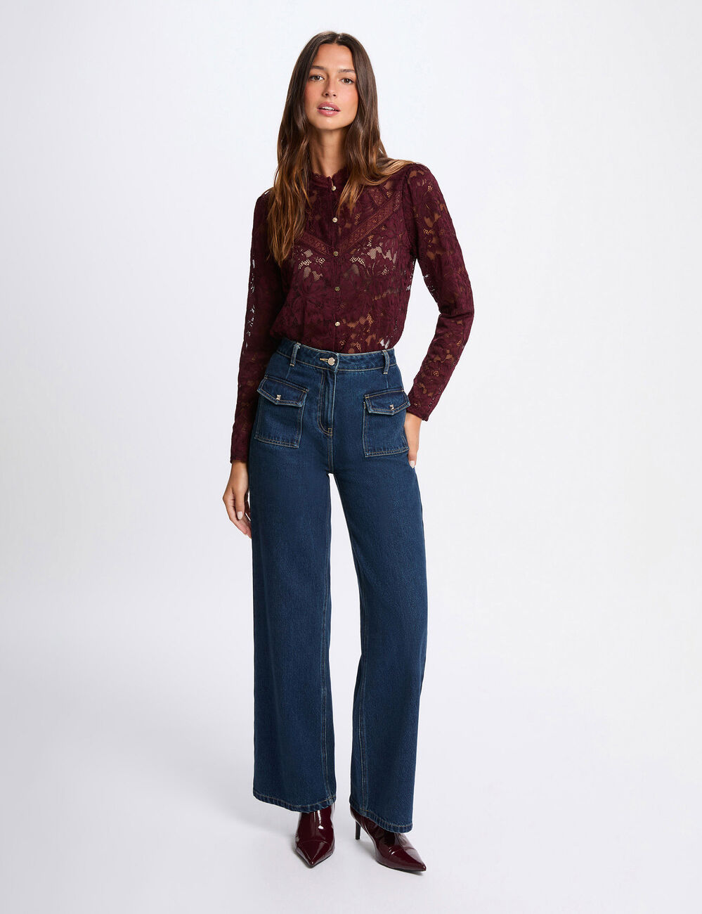 T-Shirt aus Spitze mit Stehkragen pflaume damen