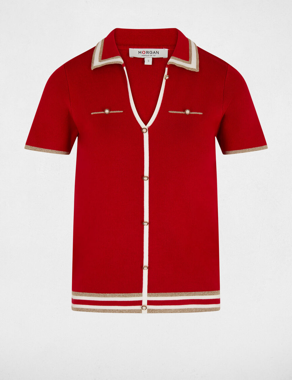Pull col polo manches courtes rouge femme