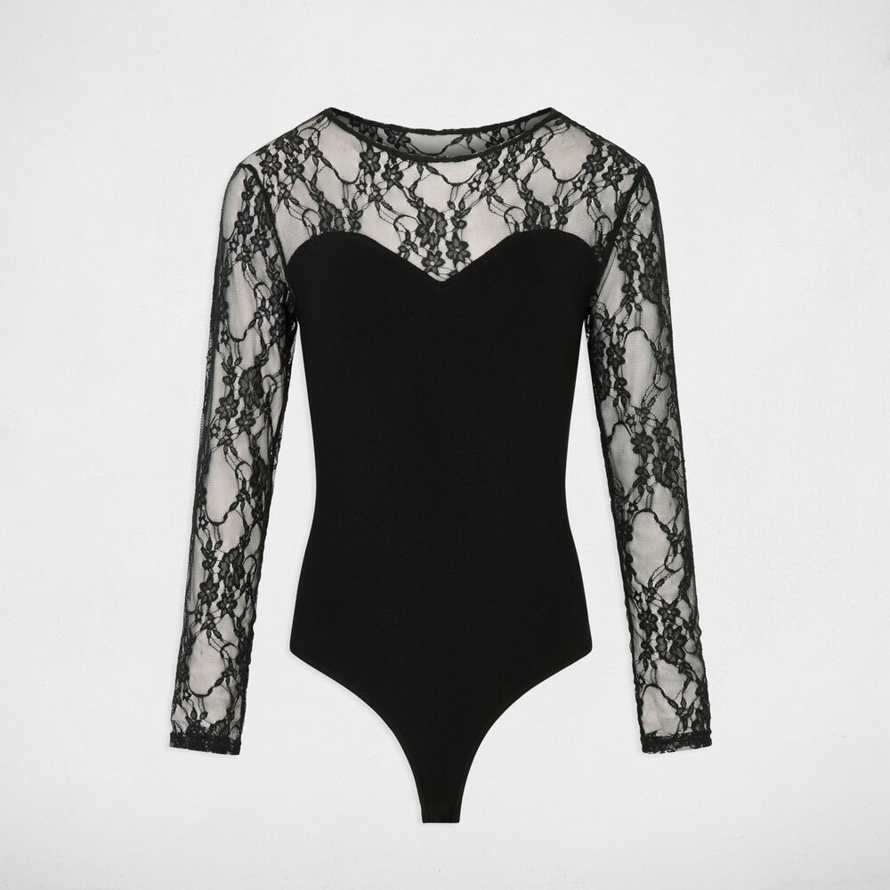 Body dentelle col rond noir femme