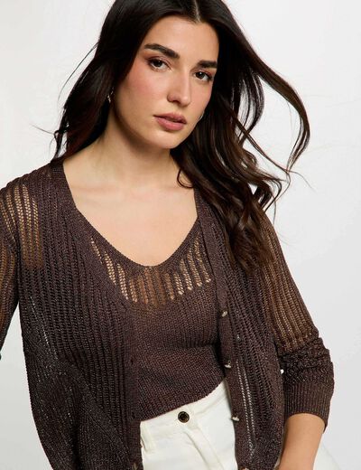 Gilet manches longues ajour&eacute; marron fonc&eacute; femme