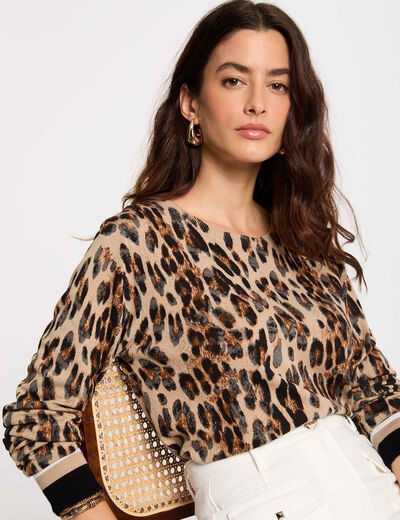 Pull col rond imprimé léopard multicolore femme