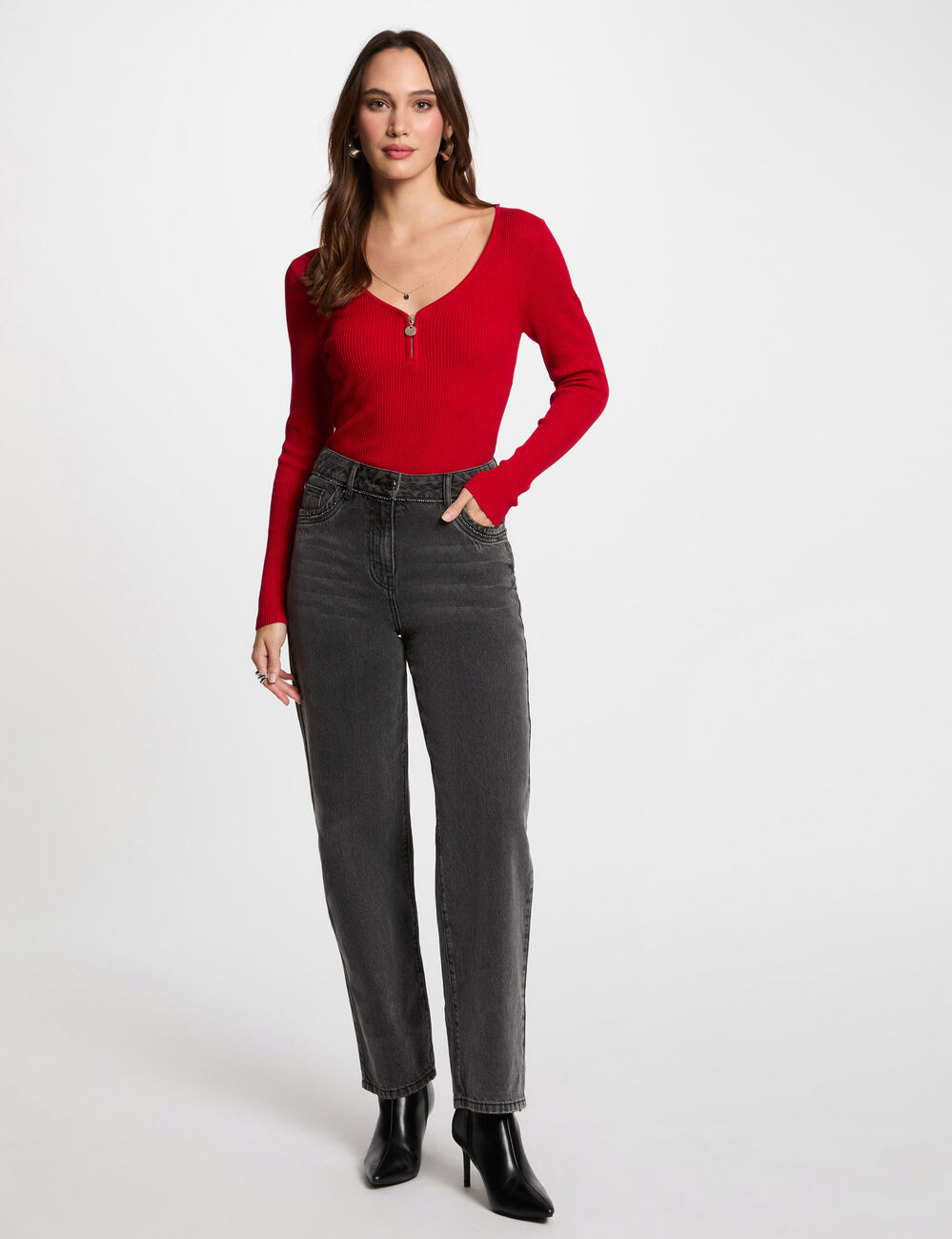 Langarm-Pullover mit Rippenstrick rot damen