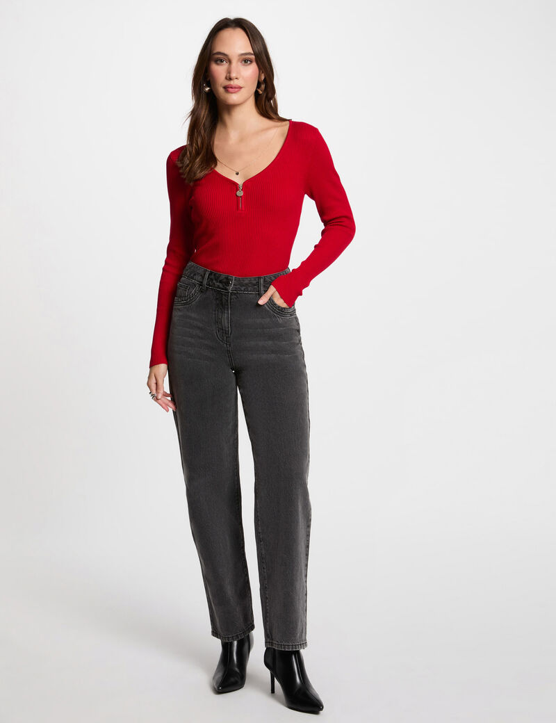 langarm pullover mit rippenstrick rot damen Langarm-Pullover mit Rippenstrick rot damen