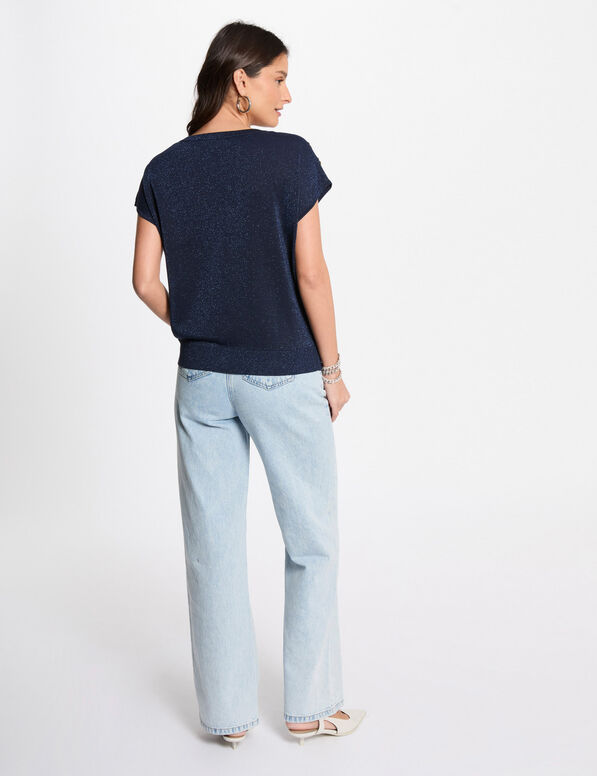 Kurzarm-Pullover mit V-Kragen petrobleu damen