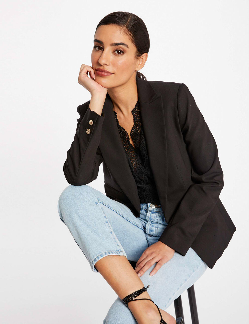 Veste tailleur droite boutonn&eacute;e noir femme