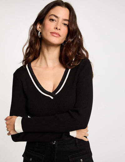 Pull manches longues col en V noir femme