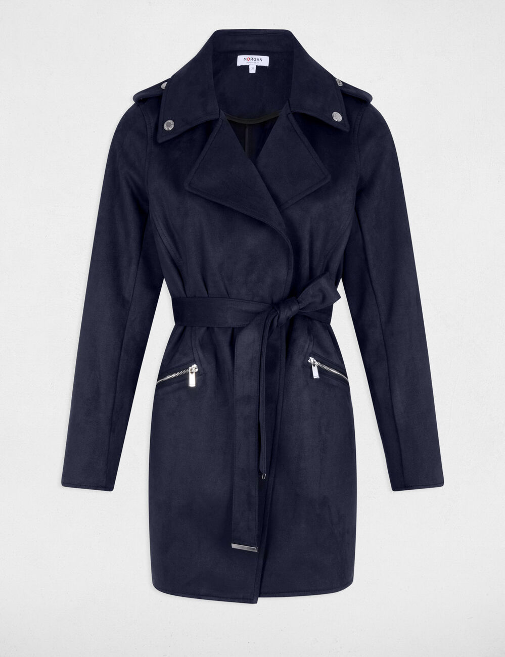 Manteau long ceinturé suédine bleu marine femme