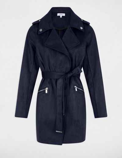 Manteau long ceinturé suédine bleu marine femme