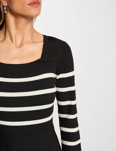 Robe tricot trapéze à rayures noir femme