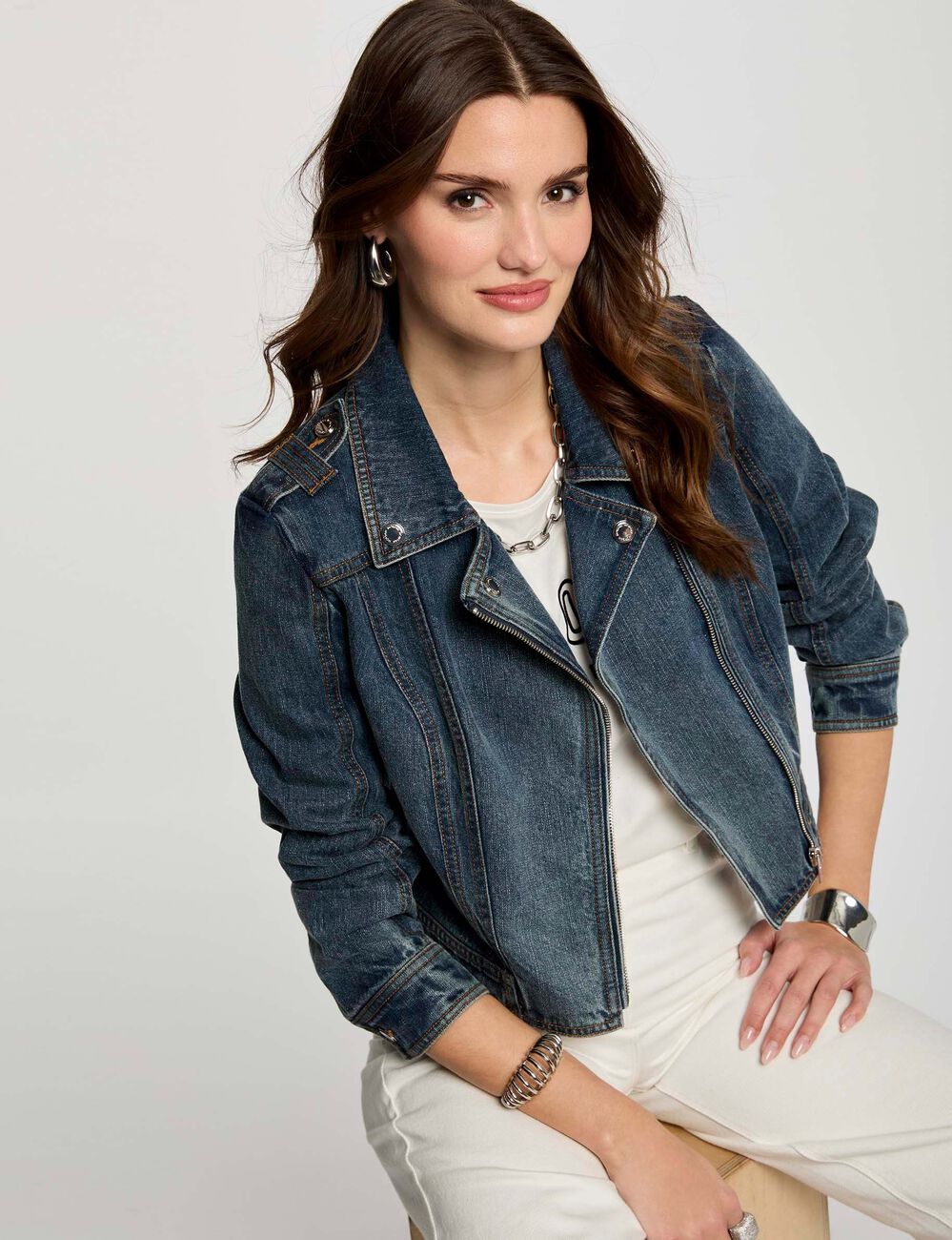 Veste courte en jean denim stone femme