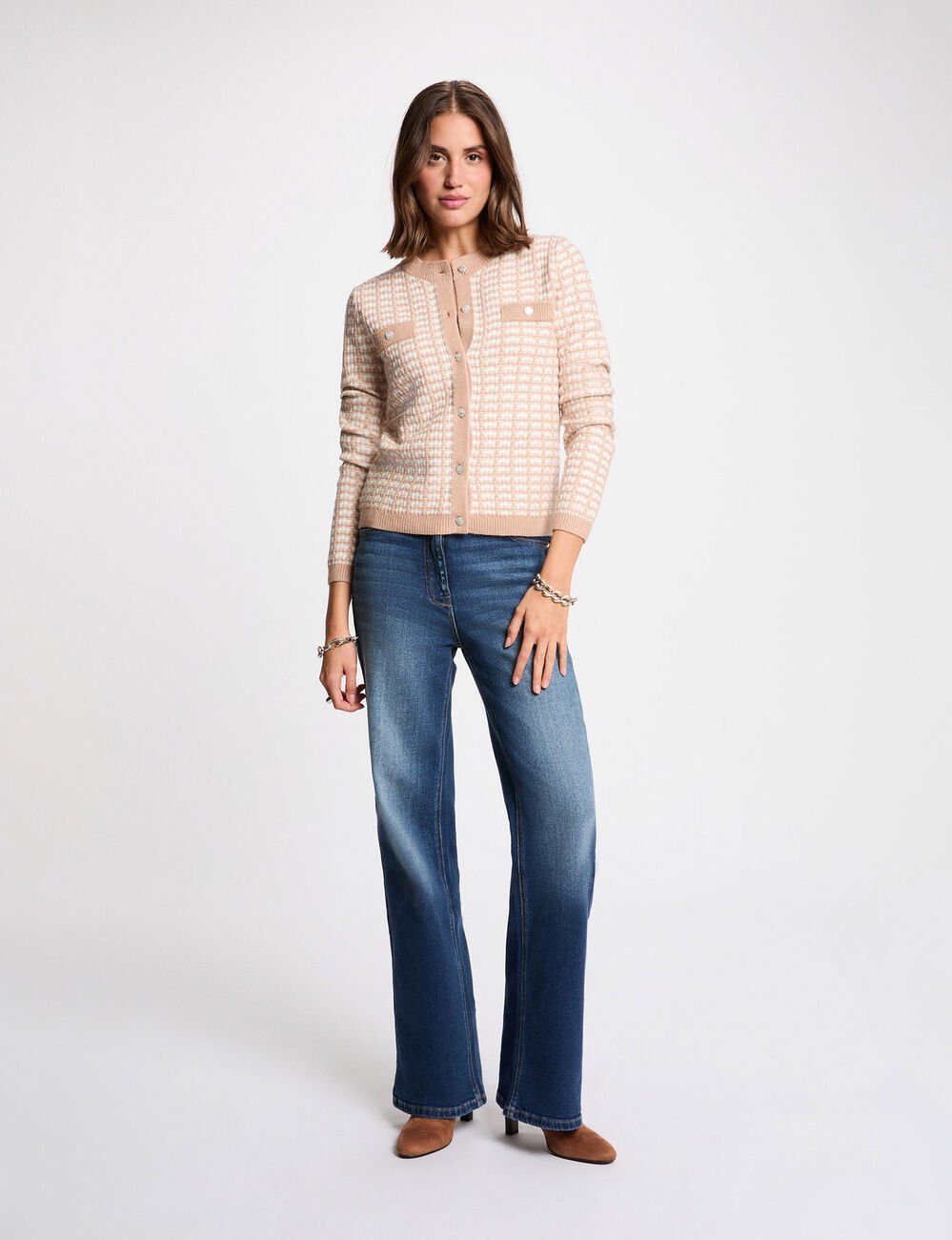 Strickjacke mit Jacquardmuster maulwurfsgrau damen