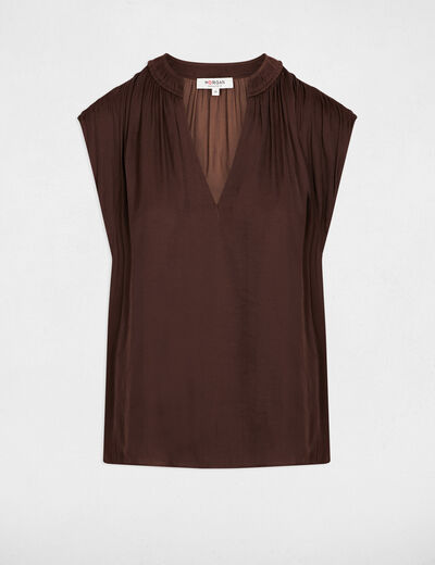Blouse manches courtes satin marron fonc&eacute; femme