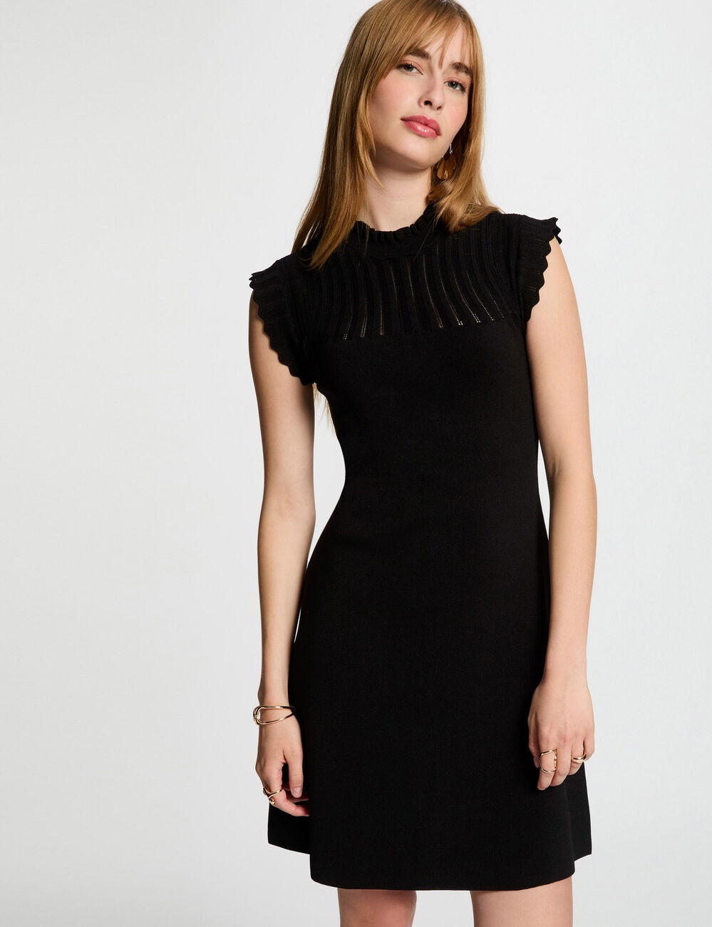 Robe tricot courte trapèze noir femme