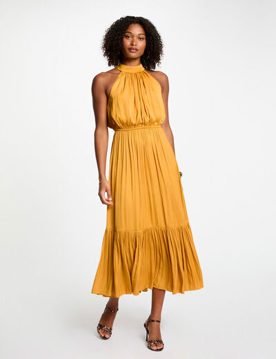Robe longue évasée fluide jaune moutarde femme