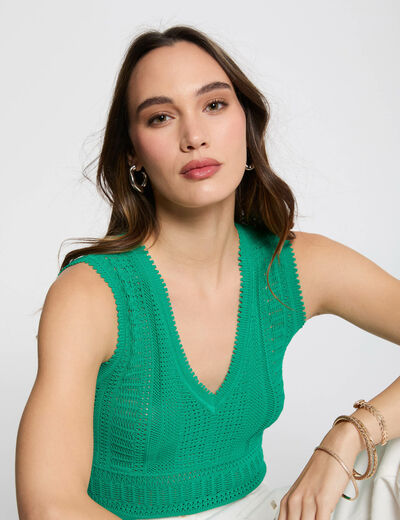 Pull sans manches ajouré vert émeraude femme