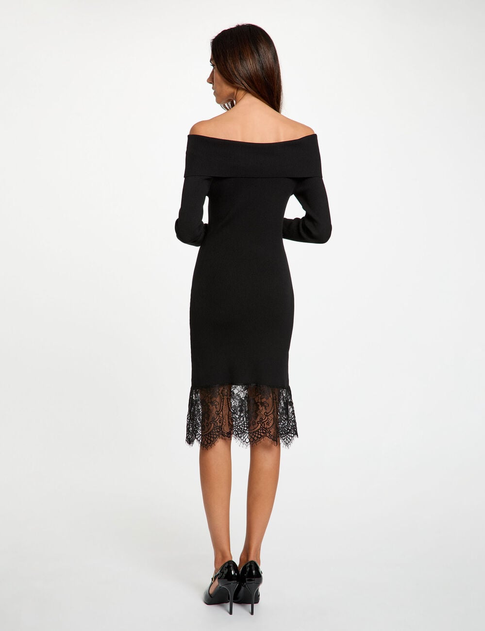 Robe tricot col b&eacute;nitier noir femme