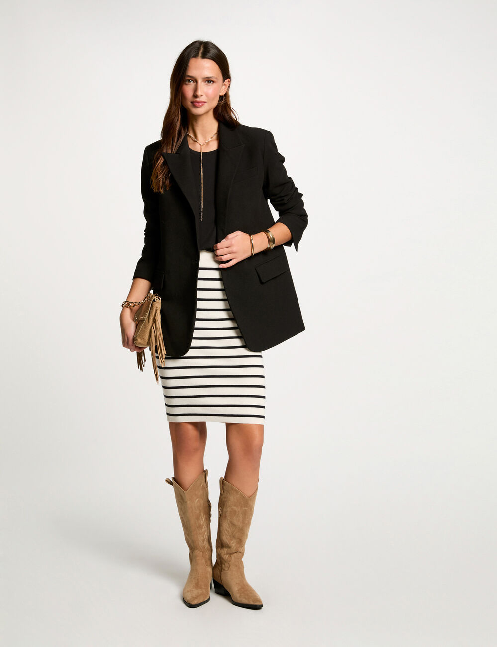 Jupe tricot moulante rayée ecru femme