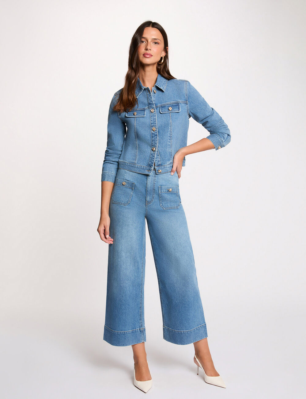Weite hochgeschnittene Hose stone denim damen