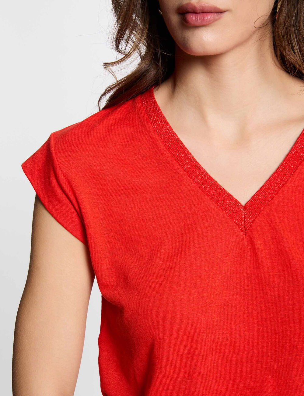 T-shirt manches courtes à col en V orange femme
