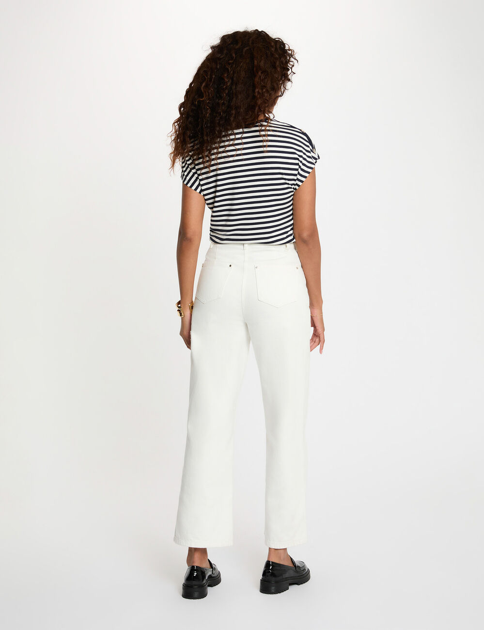 T-shirt ray&eacute; col v bleu marine femme