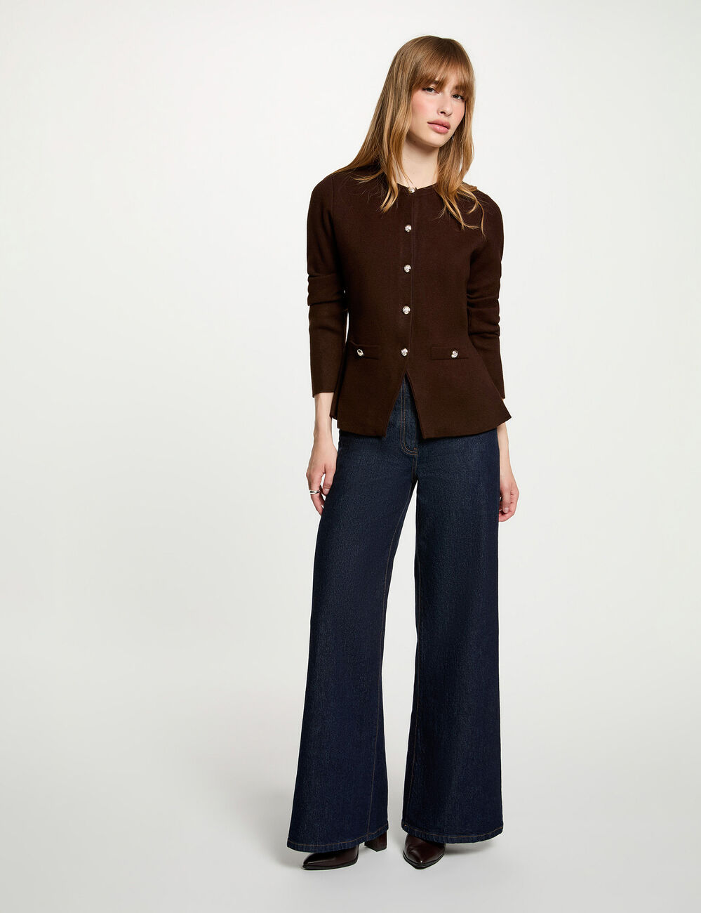 Strickjacke mit Rundhalsausschnitt dunkelbraun damen