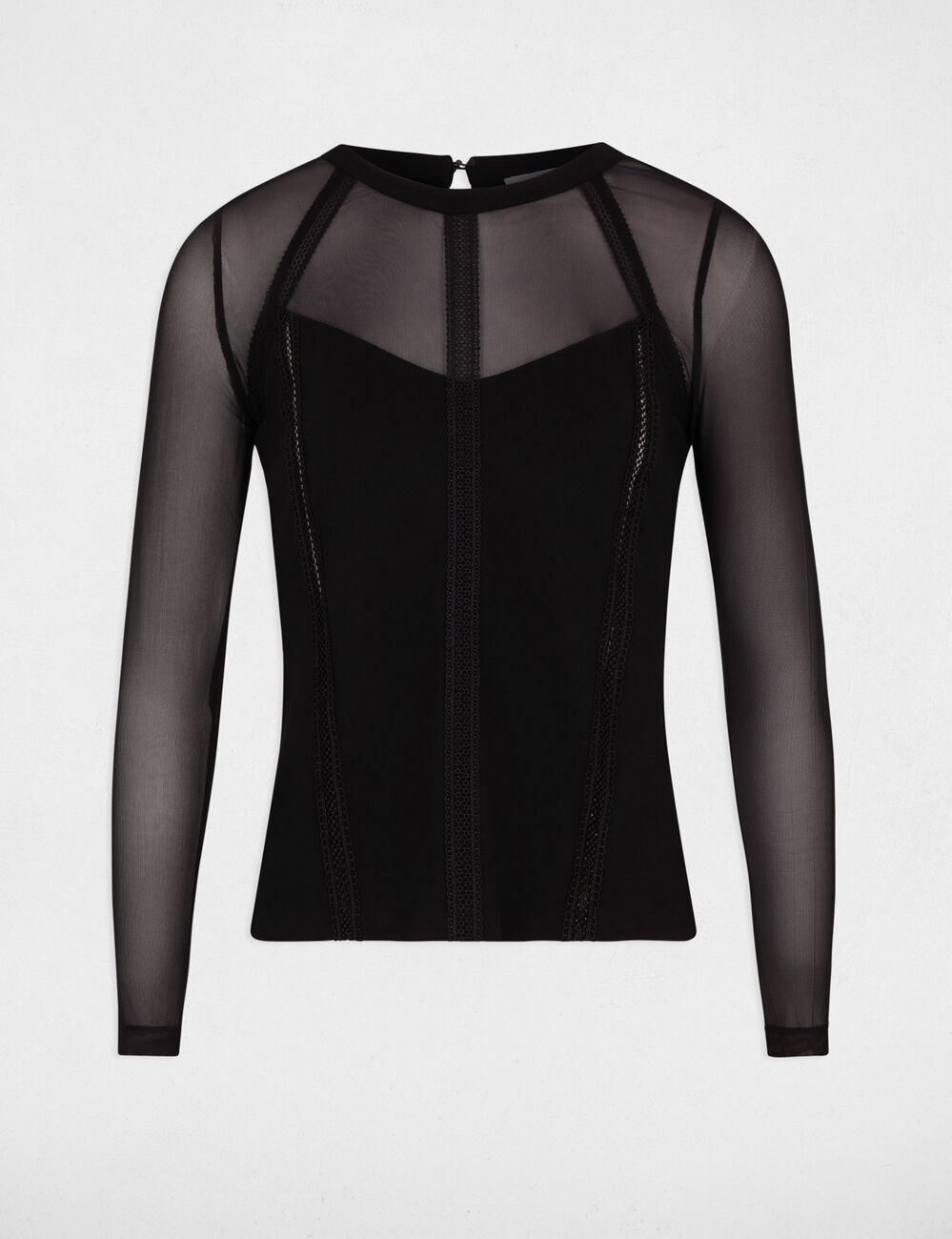 T-shirt aus Spitze mit langen &Auml;rmeln schwarz damen