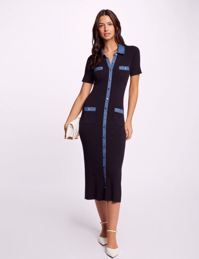 Tailliertes Midi-Strickkleid marineblau damen