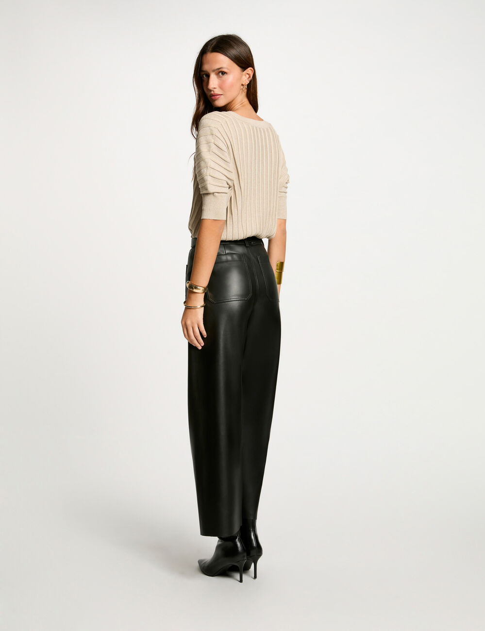Pull manches 3/4 col en V sable femme