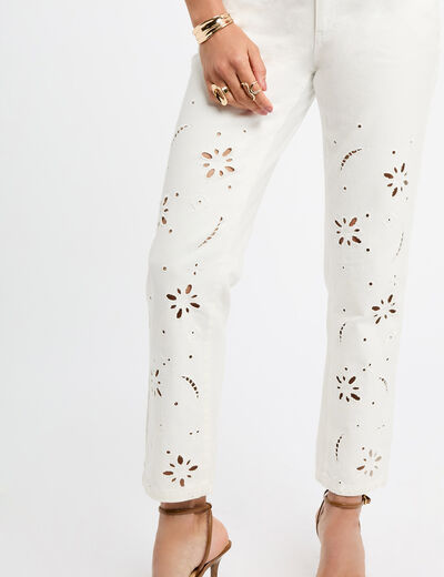 Jeans droit brodé blanc femme