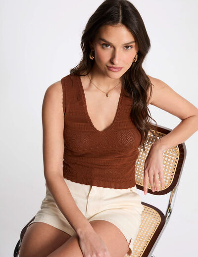 Mesh-Top mit V-Kragen cognacbraun damen