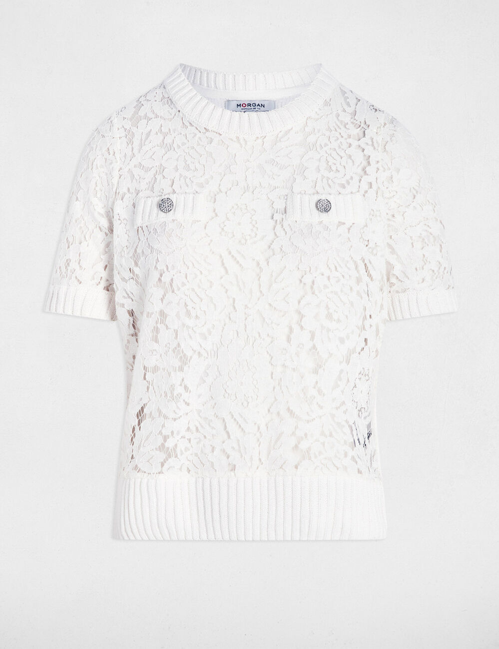 Kurzarm-Pullover mit Spitze weiss damen
