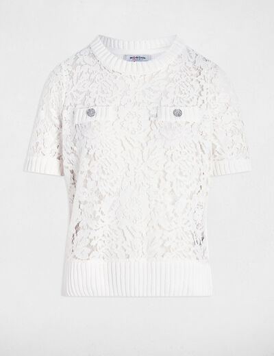 Kurzarm-Pullover mit Spitze weiss damen