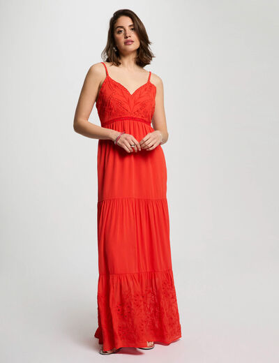Langes, fließendes Kleid mit Stickerei orange damen