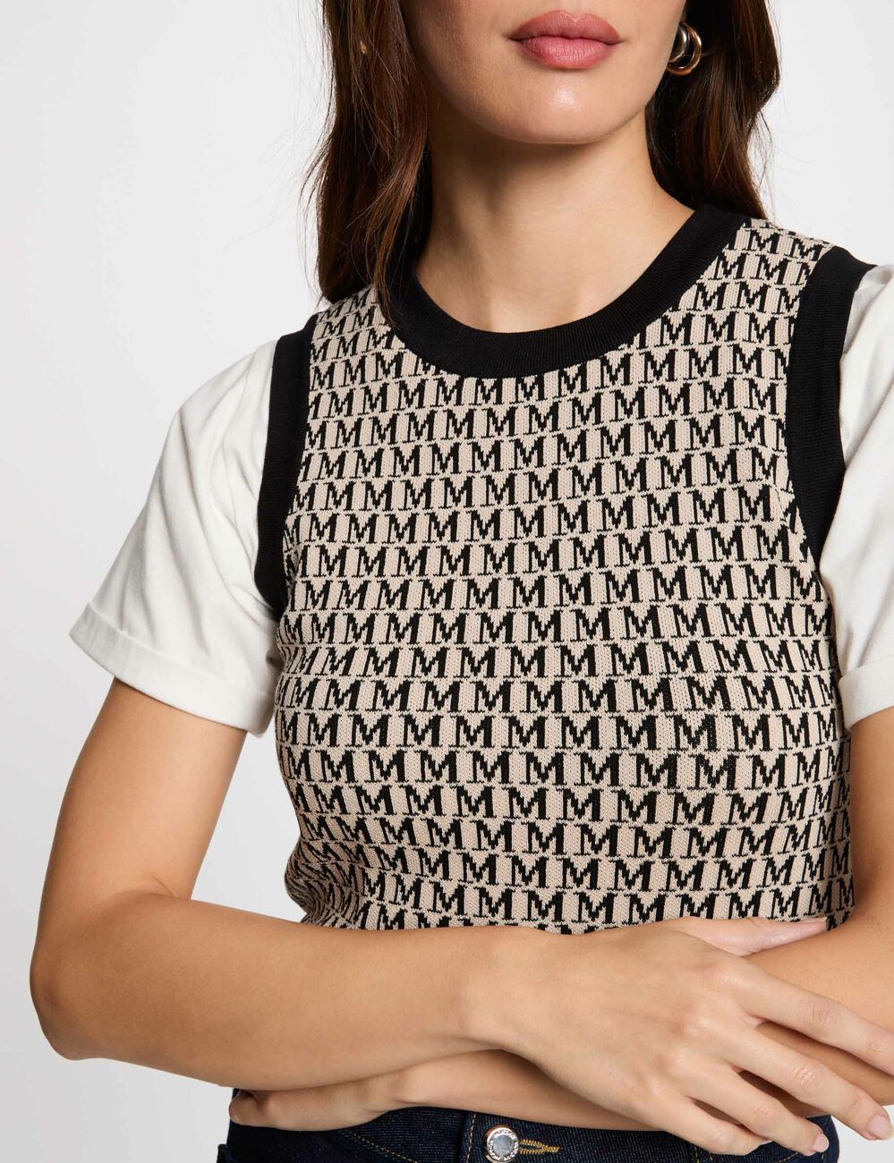 Ärmelloser Pullover mit Print sandfarben damen