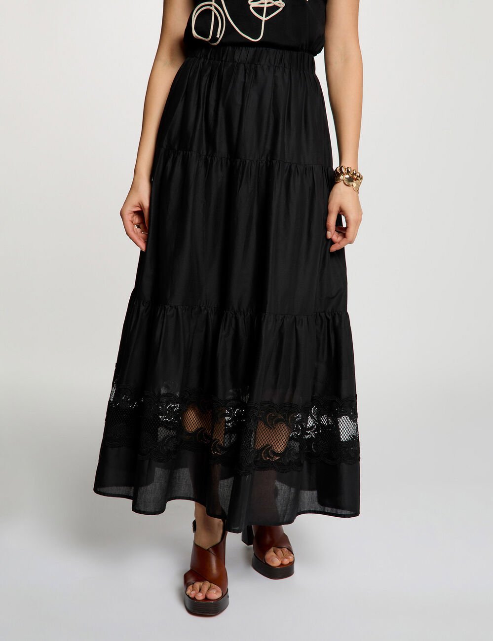 Jupe longue &agrave; &eacute;tages noir femme