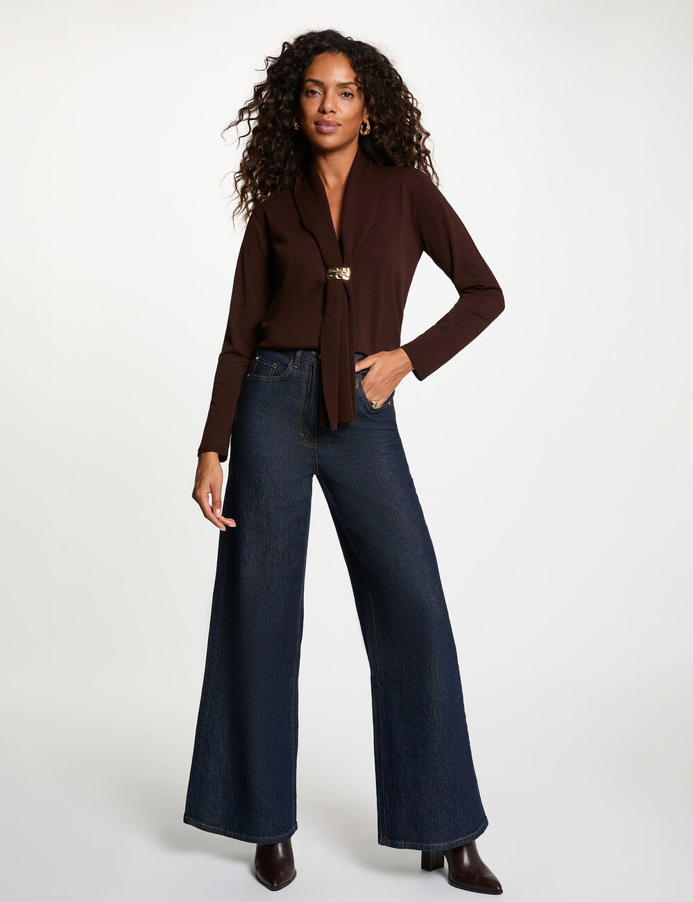 Pullover mit Schalkragen dunkelbraun damen