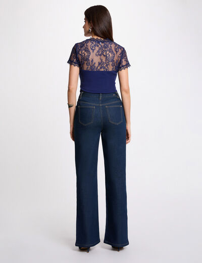 T-shirt manches courtes &agrave; dentelle bleu marine femme