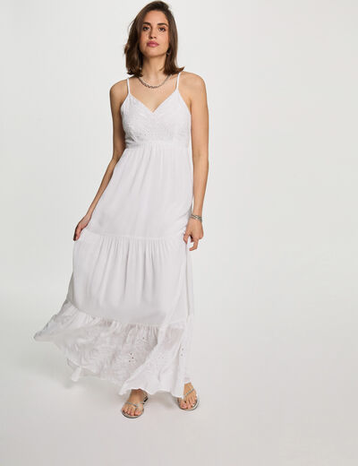 Langes, fließendes Kleid mit Stickerei weiss damen