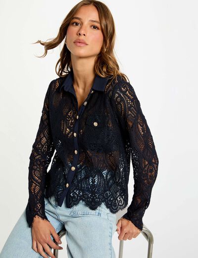 Chemise courte dentelle bleu marine femme