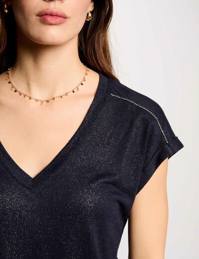 T-Shirt mit kurzen Ärmeln und Strass marineblau damen