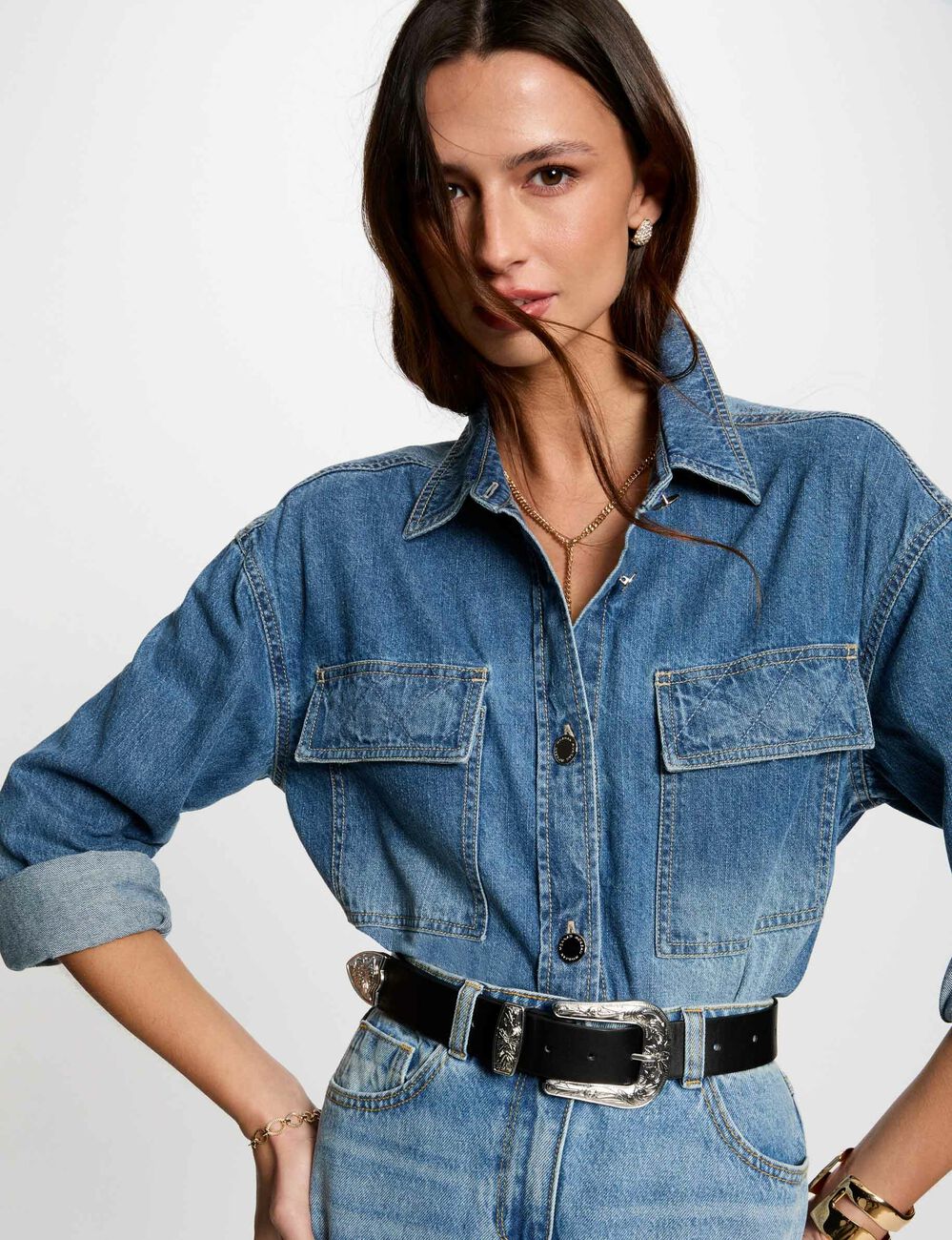 Veste droite en jean denim stone femme