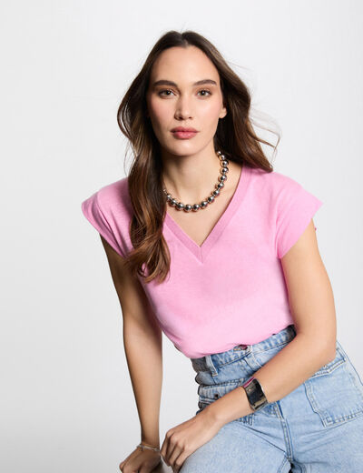 Kurzarm-T-Shirt und V-Kragen rosa damen